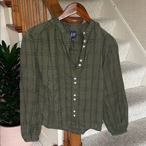 GAP Olive Green Button-Down Peasant Shirt Blouse